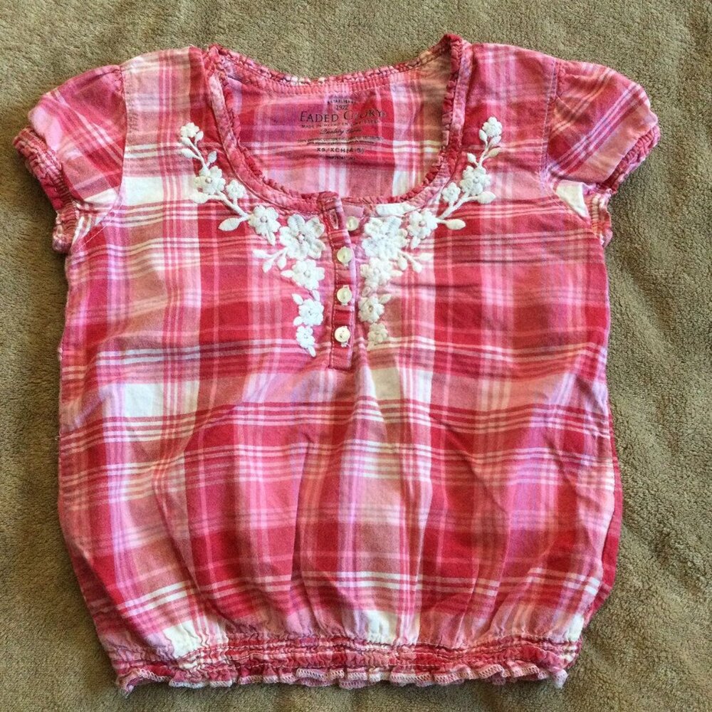 XS VGUC Faded Glory Red Plaid Organic Cotton Top